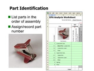 Part Identification
 List parts in the
order of assembly
 Assign/record part
number
 