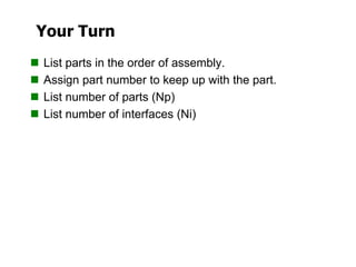 Your Turn
 List parts in the order of assembly.
 Assign part number to keep up with the part.
 List number of parts (Np)
 List number of interfaces (Ni)
 