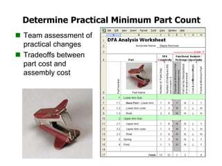 Determine Practical Minimum Part Count
 Team assessment of
practical changes
 Tradeoffs between
part cost and
assembly cost
 
