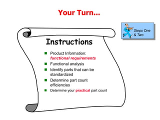 Steps One
& Two
 Product Information:
functional requirements
 Functional analysis
 Identify parts that can be
standardized
 Determine part count
efficiencies
 Determine your practical part count
Instructions
Your Turn...
 