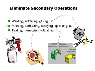 Eliminate Secondary Operations
 Welding, soldering, gluing.
 Painting, lubricating, applying liquid or gas.
 Testing, measuring, adjusting.
 