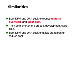 Similarities
 Both DFM and DFA seek to reduce material,
overhead, and labor cost.
 They both shorten the product development cycle
time.
 Both DFM and DFA seek to utilize standards to
reduce cost
 