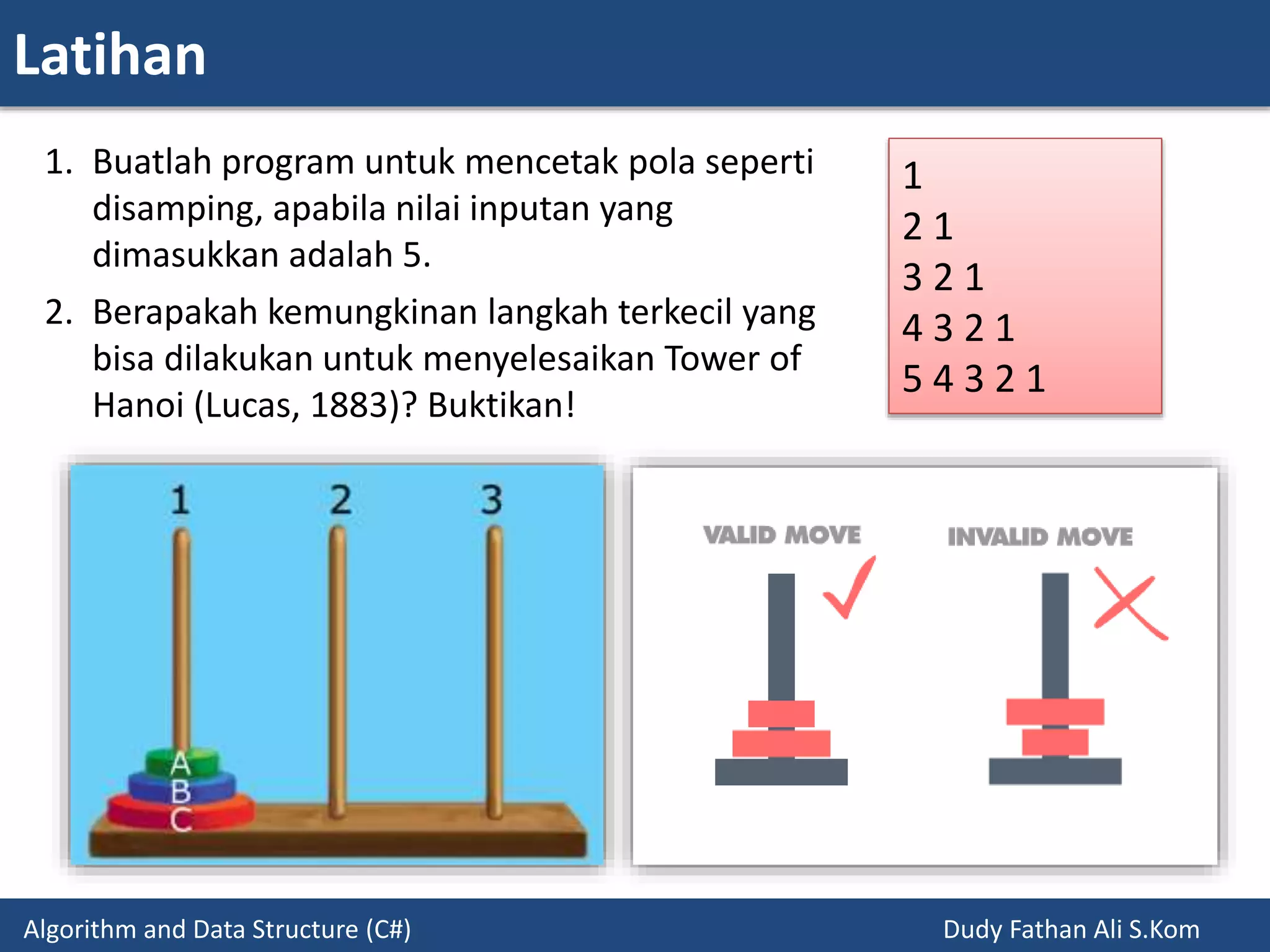 Latihan
Algorithm and Data Structure (C#) Dudy Fathan Ali S.Kom
1. Buatlah program untuk mencetak pola seperti
disamping, apabila nilai inputan yang
dimasukkan adalah 5.
2. Berapakah kemungkinan langkah terkecil yang
bisa dilakukan untuk menyelesaikan Tower of
Hanoi (Lucas, 1883)? Buktikan!
1
2 1
3 2 1
4 3 2 1
5 4 3 2 1
 