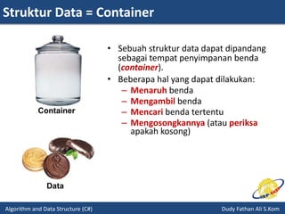 Struktur Data = Container
Algorithm and Data Structure (C#) Dudy Fathan Ali S.Kom
• Sebuah struktur data dapat dipandang
sebagai tempat penyimpanan benda
(container).
• Beberapa hal yang dapat dilakukan:
– Menaruh benda
– Mengambil benda
– Mencari benda tertentu
– Mengosongkannya (atau periksa
apakah kosong)
Container
Data
 