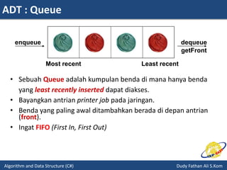 ADT : Queue
Algorithm and Data Structure (C#) Dudy Fathan Ali S.Kom
• Sebuah Queue adalah kumpulan benda di mana hanya benda
yang least recently inserted dapat diakses.
• Bayangkan antrian printer job pada jaringan.
• Benda yang paling awal ditambahkan berada di depan antrian
(front).
• Ingat FIFO (First In, First Out)
enqueue
Most recent Least recent
dequeue
getFront
 