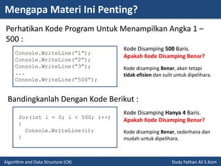 Mengapa Materi Ini Penting?
Algorithm and Data Structure (C#) Dudy Fathan Ali S.Kom
Perhatikan Kode Program Untuk Menampilkan Angka 1 –
500 :
Console.WriteLine(“1”);
Console.WriteLine(“2”);
Console.WriteLine(“3”);
...
Console.WriteLine(“500”);
Kode Disamping 500 Baris.
Apakah Kode Disamping Benar?
Bandingkanlah Dengan Kode Berikut :
for(int i = 0; i < 500; i++)
{
Console.WriteLine(i);
}
Kode Disamping Hanya 4 Baris.
Apakah Kode Disamping Benar?
Kode disamping Benar, akan tetapi
tidak efisien dan sulit untuk dipelihara.
Kode disamping Benar, sederhana dan
mudah untuk dipelihara.
 