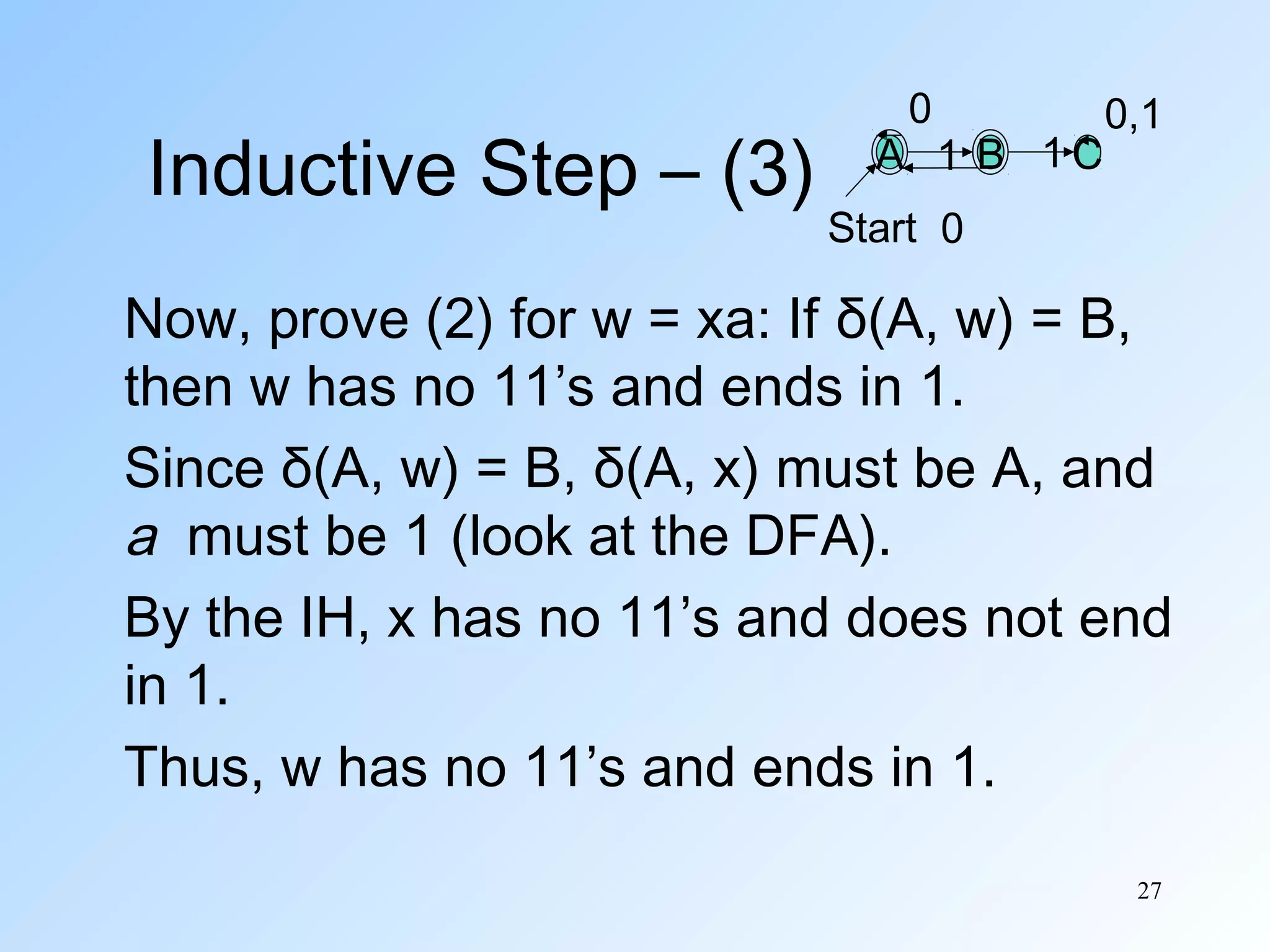 Inductive Step – (3)

0

A 1 B 1C

0,1

Start 0

Now, prove (2) for w = xa: If δ(A, w) = B,
then w has no 11’s and ends in 1.
Since δ(A, w) = B, δ(A, x) must be A, and
a must be 1 (look at the DFA).
By the IH, x has no 11’s and does not end
in 1.
Thus, w has no 11’s and ends in 1.
27

 