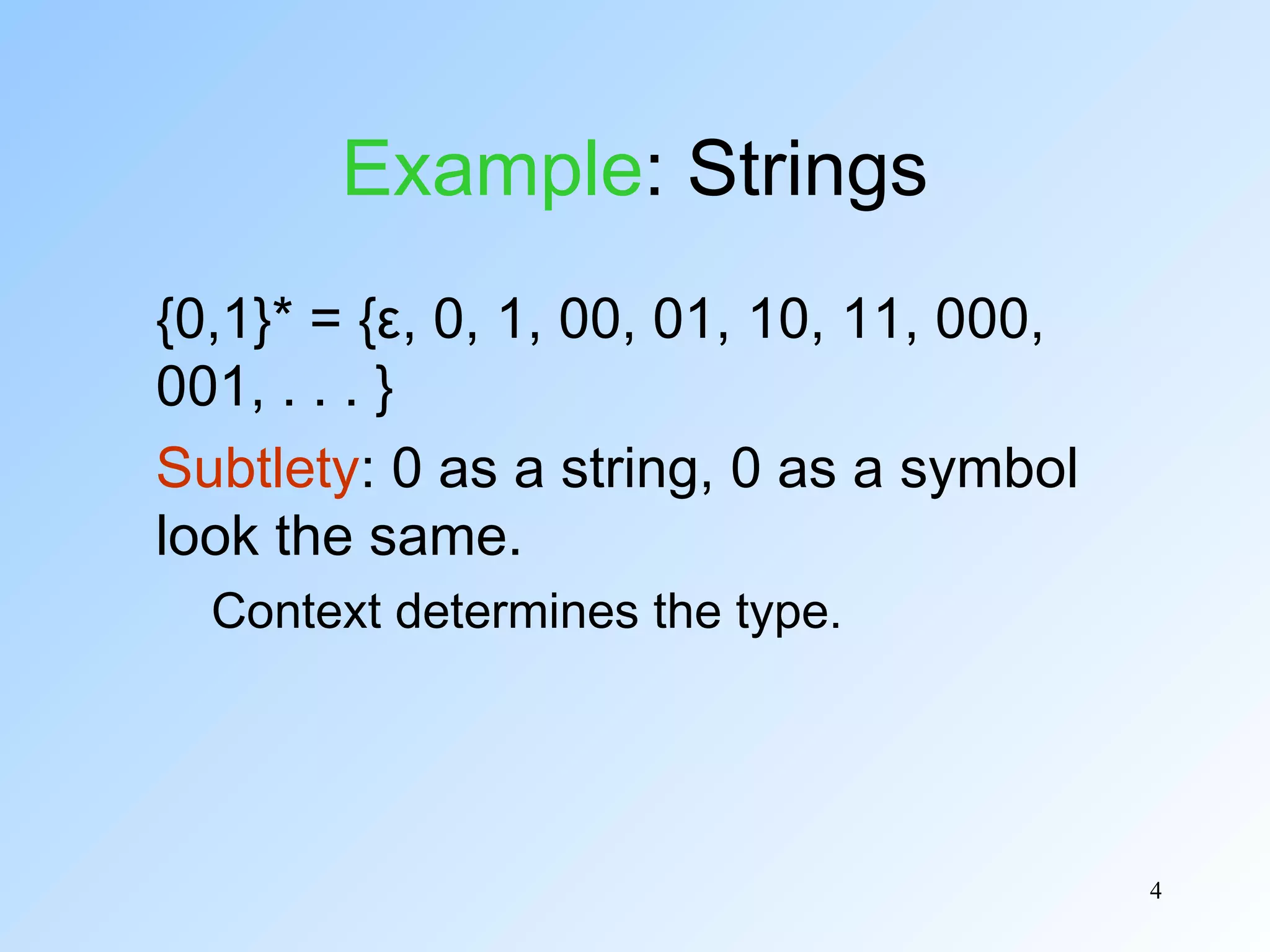 Example: Strings
{0,1}* = {ε, 0, 1, 00, 01, 10, 11, 000,
001, . . . }
Subtlety: 0 as a string, 0 as a symbol
look the same.
Context determines the type.

4

 
