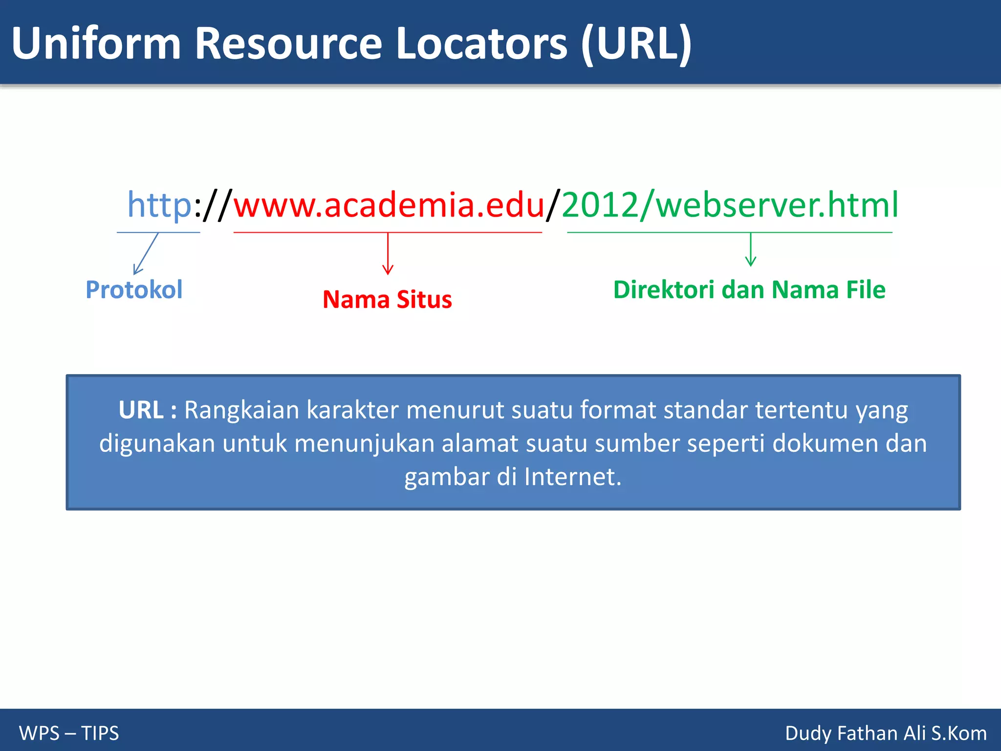 Uniform Resource Locators (URL)
WPS – TIPS Dudy Fathan Ali S.Kom
http://www.academia.edu/2012/webserver.html
URL : Rangkaian karakter menurut suatu format standar tertentu yang
digunakan untuk menunjukan alamat suatu sumber seperti dokumen dan
gambar di Internet.
Protokol Nama Situs Direktori dan Nama File
 