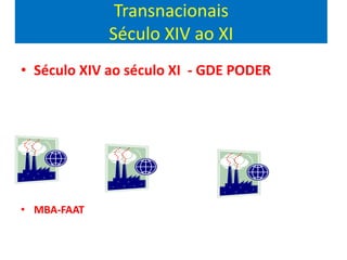 Transnacionais
Século XIV ao XI
• Século XIV ao século XI - GDE PODER
• MBA-FAAT
 