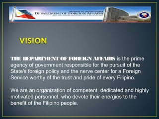 THE DEPARTMENT OF FOR         EIGN AFFAIRS is the prime
agency of government responsible for the pursuit of the
State's foreign policy and the nerve center for a Foreign
Service worthy of the trust and pride of every Filipino.

We are an organization of competent, dedicated and highly
motivated personnel, who devote their energies to the
benefit of the Filipino people.
 