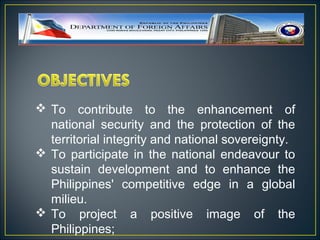  To contribute to the enhancement of
  national security and the protection of the
  territorial integrity and national sovereignty.
 To participate in the national endeavour to
  sustain development and to enhance the
  Philippines' competitive edge in a global
  milieu.
 To project a positive image of the
  Philippines;
 