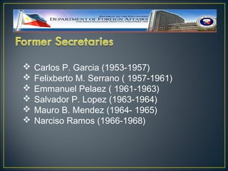    Carlos P. Garcia (1953-1957)
   Felixberto M. Serrano ( 1957-1961)
   Emmanuel Pelaez ( 1961-1963)
   Salvador P. Lopez (1963-1964)
   Mauro B. Mendez (1964- 1965)
   Narciso Ramos (1966-1968)
 
