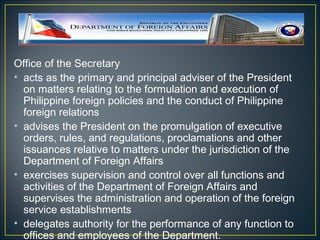Office of the Secretary
• acts as the primary and principal adviser of the President
  on matters relating to the formulation and execution of
  Philippine foreign policies and the conduct of Philippine
  foreign relations
• advises the President on the promulgation of executive
  orders, rules, and regulations, proclamations and other
  issuances relative to matters under the jurisdiction of the
  Department of Foreign Affairs
• exercises supervision and control over all functions and
  activities of the Department of Foreign Affairs and
  supervises the administration and operation of the foreign
  service establishments
• delegates authority for the performance of any function to
  offices and employees of the Department.
 