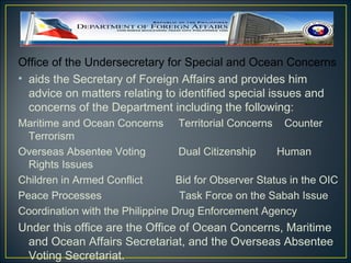 Office of the Undersecretary for Special and Ocean Concerns
• aids the Secretary of Foreign Affairs and provides him
  advice on matters relating to identified special issues and
  concerns of the Department including the following:
Maritime and Ocean Concerns Territorial Concerns Counter
  Terrorism
Overseas Absentee Voting          Dual Citizenship     Human
  Rights Issues
Children in Armed Conflict        Bid for Observer Status in the OIC
Peace Processes                    Task Force on the Sabah Issue
Coordination with the Philippine Drug Enforcement Agency
Under this office are the Office of Ocean Concerns, Maritime
 and Ocean Affairs Secretariat, and the Overseas Absentee
 Voting Secretariat.
 