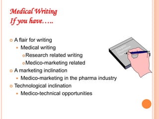 Medical Writing
If you have…..
 A flair for writing
 Medical writing
Research related writing
Medico-marketing related
 A marketing inclination
 Medico-marketing in the pharma industry
 Technological inclination
 Medico-technical opportunities
 