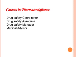 Careers in Pharmacovigilance
Drug safety Coordinator
Drug safety Associate
Drug safety Manager
Medical Advisor
 