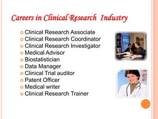 Careers in Clinical Research Industry
 Clinical Research Associate
 Clinical Research Coordinator
 Clinical Research Investigator
 Medical Advisor
 Biostatistician
 Data Manager
 Clinical Trial auditor
 Patent Officer
 Medical writer
 Clinical Research Trainer
 
