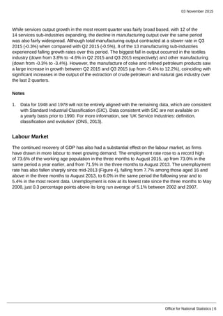 03 November 2015
Office for National Statistics | 6
While services output growth in the most recent quarter was fairly broad based, with 12 of the
14 services sub-industries expanding, the decline in manufacturing output over the same period
was also fairly widespread. Although total manufacturing output contracted at a slower rate in Q3
2015 (-0.3%) when compared with Q2 2015 (-0.5%), 8 of the 13 manufacturing sub-industries
experienced falling growth rates over this period. The biggest fall in output occurred in the textiles
industry (down from 3.8% to -4.6% in Q2 2015 and Q3 2015 respectively) and other manufacturing
(down from -0.3% to -3.4%). However, the manufacture of coke and refined petroleum products saw
a large increase in growth between Q2 2015 and Q3 2015 (up from -5.4% to 12.2%), coinciding with
significant increases in the output of the extraction of crude petroleum and natural gas industry over
the last 2 quarters.
Notes
1. Data for 1948 and 1978 will not be entirely aligned with the remaining data, which are consistent
with Standard Industrial Classification (SIC). Data consistent with SIC are not available on
a yearly basis prior to 1990. For more information, see 'UK Service Industries: definition,
classification and evolution' (ONS, 2013).
Labour Market
The continued recovery of GDP has also had a substantial effect on the labour market, as firms
have drawn in more labour to meet growing demand. The employment rate rose to a record high
of 73.6% of the working age population in the three months to August 2015, up from 73.0% in the
same period a year earlier, and from 71.5% in the three months to August 2013. The unemployment
rate has also fallen sharply since mid-2013 (Figure 4), falling from 7.7% among those aged 16 and
above in the three months to August 2013, to 6.0% in the same period the following year and to
5.4% in the most recent data. Unemployment is now at its lowest rate since the three months to May
2008, just 0.3 percentage points above its long run average of 5.1% between 2002 and 2007.
 