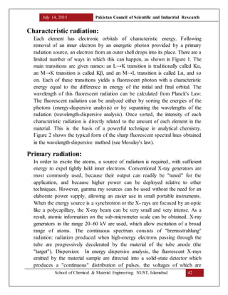 July 14, 2015 Pakistan Council of Scientific and Industrial Research
School of Chemical & Material Engineering, NUST, Islamabad 42
Characteristic radiation:
Each element has electronic orbitals of characteristic energy. Following
removal of an inner electron by an energetic photon provided by a primary
radiation source, an electron from an outer shell drops into its place. There are a
limited number of ways in which this can happen, as shown in Figure 1. The
main transitions are given names: an L→K transition is traditionally called Kα,
an M→K transition is called Kβ, and an M→L transition is called Lα, and so
on. Each of these transitions yields a fluorescent photon with a characteristic
energy equal to the difference in energy of the initial and final orbital. The
wavelength of this fluorescent radiation can be calculated from Planck's Law:
The fluorescent radiation can be analyzed either by sorting the energies of the
photons (energy-dispersive analysis) or by separating the wavelengths of the
radiation (wavelength-dispersive analysis). Once sorted, the intensity of each
characteristic radiation is directly related to the amount of each element in the
material. This is the basis of a powerful technique in analytical chemistry.
Figure 2 shows the typical form of the sharp fluorescent spectral lines obtained
in the wavelength-dispersive method (see Moseley's law).
Primary radiation:
In order to excite the atoms, a source of radiation is required, with sufficient
energy to expel tightly held inner electrons. Conventional X-ray generators are
most commonly used, because their output can readily be "tuned" for the
application, and because higher power can be deployed relative to other
techniques. However, gamma ray sources can be used without the need for an
elaborate power supply, allowing an easier use in small portable instruments.
When the energy source is a synchrotron or the X- rays are focused by an optic
like a polycapillary, the X-ray beam can be very small and very intense. As a
result, atomic information on the sub-micrometer scale can be obtained. X-ray
generators in the range 20–60 kV are used, which allow excitation of a broad
range of atoms. The continuous spectrum consists of "bremsstrahlung"
radiation: radiation produced when high-energy electrons passing through the
tube are progressively decelerated by the material of the tube anode (the
"target"). Dispersion: In energy dispersive analysis, the fluorescent X-rays
emitted by the material sample are directed into a solid-state detector which
produces a "continuous" distribution of pulses, the voltages of which are
 