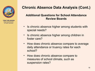 TOM TORLAKSON
State Superintendent
of Public Instruction
Additional Questions for School Attendance
Review Boards
• Is chronic absence higher among students with
special needs?
• Is chronic absence higher among children in
foster care?
• How does chronic absence compare to average
daily attendance or truancy rates for each
school?
• How does chronic absence compare to
measures of school climate, such as
suspension rates?
Chronic Absence Data Analysis (Cont.)
16
 