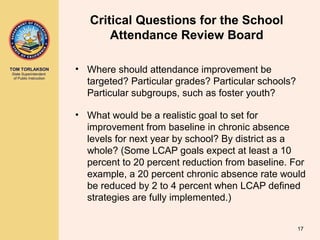 TOM TORLAKSON
State Superintendent
of Public Instruction
Critical Questions for the School
Attendance Review Board
• Where should attendance improvement be
targeted? Particular grades? Particular schools?
Particular subgroups, such as foster youth?
• What would be a realistic goal to set for
improvement from baseline in chronic absence
levels for next year by school? By district as a
whole? (Some LCAP goals expect at least a 10
percent to 20 percent reduction from baseline. For
example, a 20 percent chronic absence rate would
be reduced by 2 to 4 percent when LCAP defined
strategies are fully implemented.)
17
 