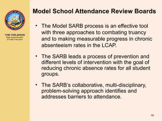TOM TORLAKSON
State Superintendent
of Public Instruction
Model School Attendance Review Boards
• The Model SARB process is an effective tool
with three approaches to combating truancy
and to making measurable progress in chronic
absenteeism rates in the LCAP.
• The SARB leads a process of prevention and
different levels of intervention with the goal of
reducing chronic absence rates for all student
groups.
• The SARB’s collaborative, multi-disciplinary,
problem-solving approach identifies and
addresses barriers to attendance.
19
 