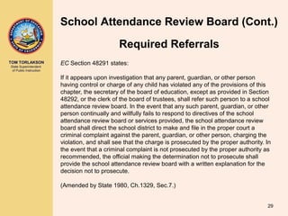 TOM TORLAKSON
State Superintendent
of Public Instruction
Required Referrals
EC Section 48291 states:
If it appears upon investigation that any parent, guardian, or other person
having control or charge of any child has violated any of the provisions of this
chapter, the secretary of the board of education, except as provided in Section
48292, or the clerk of the board of trustees, shall refer such person to a school
attendance review board. In the event that any such parent, guardian, or other
person continually and willfully fails to respond to directives of the school
attendance review board or services provided, the school attendance review
board shall direct the school district to make and file in the proper court a
criminal complaint against the parent, guardian, or other person, charging the
violation, and shall see that the charge is prosecuted by the proper authority. In
the event that a criminal complaint is not prosecuted by the proper authority as
recommended, the official making the determination not to prosecute shall
provide the school attendance review board with a written explanation for the
decision not to prosecute.
(Amended by State 1980, Ch.1329, Sec.7.)
29
School Attendance Review Board (Cont.)
 