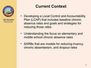 TOM TORLAKSON
State Superintendent
of Public Instruction
Current Context
• Developing a Local Control and Accountability
Plan (LCAP) that includes baseline chronic
absence rates and goals and strategies for
reducing those rates
• Understanding the focus on elementary and
middle school chronic absence rates
• SARBs that are models for reducing truancy,
chronic absenteeism, and dropout rates
3
 