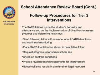 TOM TORLAKSON
State Superintendent
of Public Instruction
The SARB follows up on the student’s behavior and
attendance and on the implementation of directives to assess
progress and determine next steps.
•Send follow-up letter with reminder about SARB directives
and continued monitoring
•Place SARB Identification sticker in cumulative folder
•Request progress reports from school site
•Check on contract conditions
•Provide rewards/acknowledgements for improvement
•Noncompliance results in a referral for legal recourse
33
Follow-up Procedures for Tier 3
Interventions
School Attendance Review Board (Cont.)
 