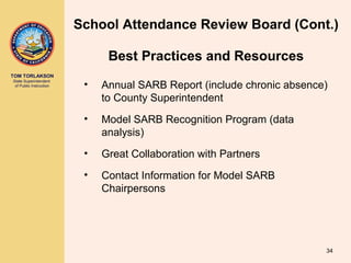 TOM TORLAKSON
State Superintendent
of Public Instruction
Best Practices and Resources
• Annual SARB Report (include chronic absence)
to County Superintendent
• Model SARB Recognition Program (data
analysis)
• Great Collaboration with Partners
• Contact Information for Model SARB
Chairpersons
34
School Attendance Review Board (Cont.)
 