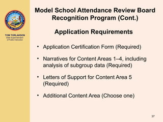 TOM TORLAKSON
State Superintendent
of Public Instruction
• Application Certification Form (Required)
• Narratives for Content Areas 1–4, including
analysis of subgroup data (Required)
• Letters of Support for Content Area 5
(Required)
• Additional Content Area (Choose one)
37
Model School Attendance Review Board
Recognition Program (Cont.)
Application Requirements
 