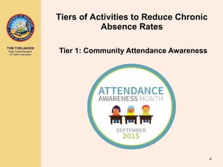 TOM TORLAKSON
State Superintendent
of Public Instruction
Tier 1: Community Attendance Awareness
Tiers of Activities to Reduce Chronic
Absence Rates
4
 