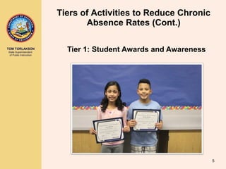 TOM TORLAKSON
State Superintendent
of Public Instruction
Tier 1: Student Awards and Awareness
Tiers of Activities to Reduce Chronic
Absence Rates (Cont.)
5
 