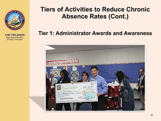 TOM TORLAKSON
State Superintendent
of Public Instruction
Tier 1: Administrator Awards and Awareness
Tiers of Activities to Reduce Chronic
Absence Rates (Cont.)
6
 