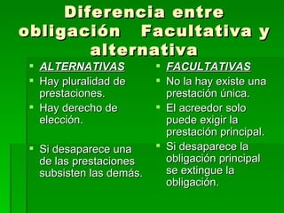 Diferencia entre obligación  Facultativa y alternativa ALTERNATIVAS Hay pluralidad de prestaciones. Hay derecho de elección. Si desaparece una de las prestaciones subsisten las demás. FACULTATIVAS No la hay existe una prestación única. El acreedor solo puede exigir la prestación principal. Si desaparece la obligación principal se extingue la obligación. 