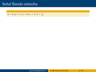 Señal Banda estrecha
L = 2; a0 = 1; τ0 = 0; a1 = 1; τ1 = 1
fc
fasandoval@utpl.edu.ec PO Fading and Diversity 14 / 88
 