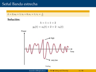 Señal Banda estrecha
L = 2; a0 = 1; τ0 = 0; a1 = 1; τ1 = 1
fc
Solución:
h = 1 + 1 = 2
yb(t) = sb(t) × 2 = 2 · sb(t)
High
very low
Power
Time
Fading
fasandoval@utpl.edu.ec PO Fading and Diversity 14 / 88
 