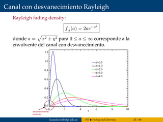 Canal con desvanecimiento Rayleigh
Rayleigh fading density:
fA (a) = 2ae−a2
donde a = x2 + y2 para 0 ≤ a ≤ ∞ corresponde a la
envolvente del canal con desvanecimiento.
desvanecimiento
profundo
fasandoval@utpl.edu.ec PO Fading and Diversity 25 / 88
 