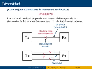 Diversidad
¿Cómo mejorar el desempeño de los sistemas inalámbricos?
DIVERSIDAD
La diversidad puede ser empleada para mejorar el desempeño de los
sistemas inalámbricos a través de controlar o combatir el desvanecimiento.
Tx Rx
el enlace tiene
desvanecimiento
el desempeño
es malo!
un enlace
(no-cableado)
Tx Rx
Diversidad
fasandoval@utpl.edu.ec PO Fading and Diversity 48 / 88
 