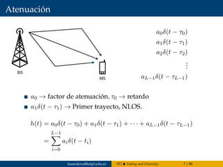 Atenuación
MS
BS
a0δ(t − τ0)
a1δ(t − τ1)
a2δ(t − τ2)
...
aL−1δ(t − τL−1)
a0 → factor de atenuación, τ0 → retardo
a1δ(t − τ1) → Primer trayecto, NLOS.
h(t) = a0δ(t − τ0) + a1δ(t − τ1) + · · · + aL−1δ(t − τL−1)
=
L−1
i=0
aiδ(t − ti)
fasandoval@utpl.edu.ec PO Fading and Diversity 7 / 88
 