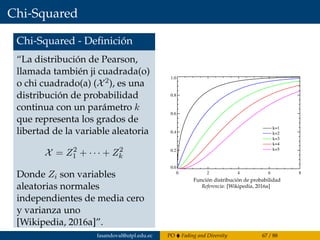 Chi-Squared
Chi-Squared - Deﬁnición
“La distribución de Pearson,
llamada también ji cuadrada(o)
o chi cuadrado(a) (X2), es una
distribución de probabilidad
continua con un parámetro k
que representa los grados de
libertad de la variable aleatoria
X = Z2
1 + · · · + Z2
k
Donde Zi son variables
aleatorias normales
independientes de media cero
y varianza uno
[Wikipedia, 2016a]”.
Función distribución de probabilidad
Referencia: [Wikipedia, 2016a]
fasandoval@utpl.edu.ec PO Fading and Diversity 67 / 88
 