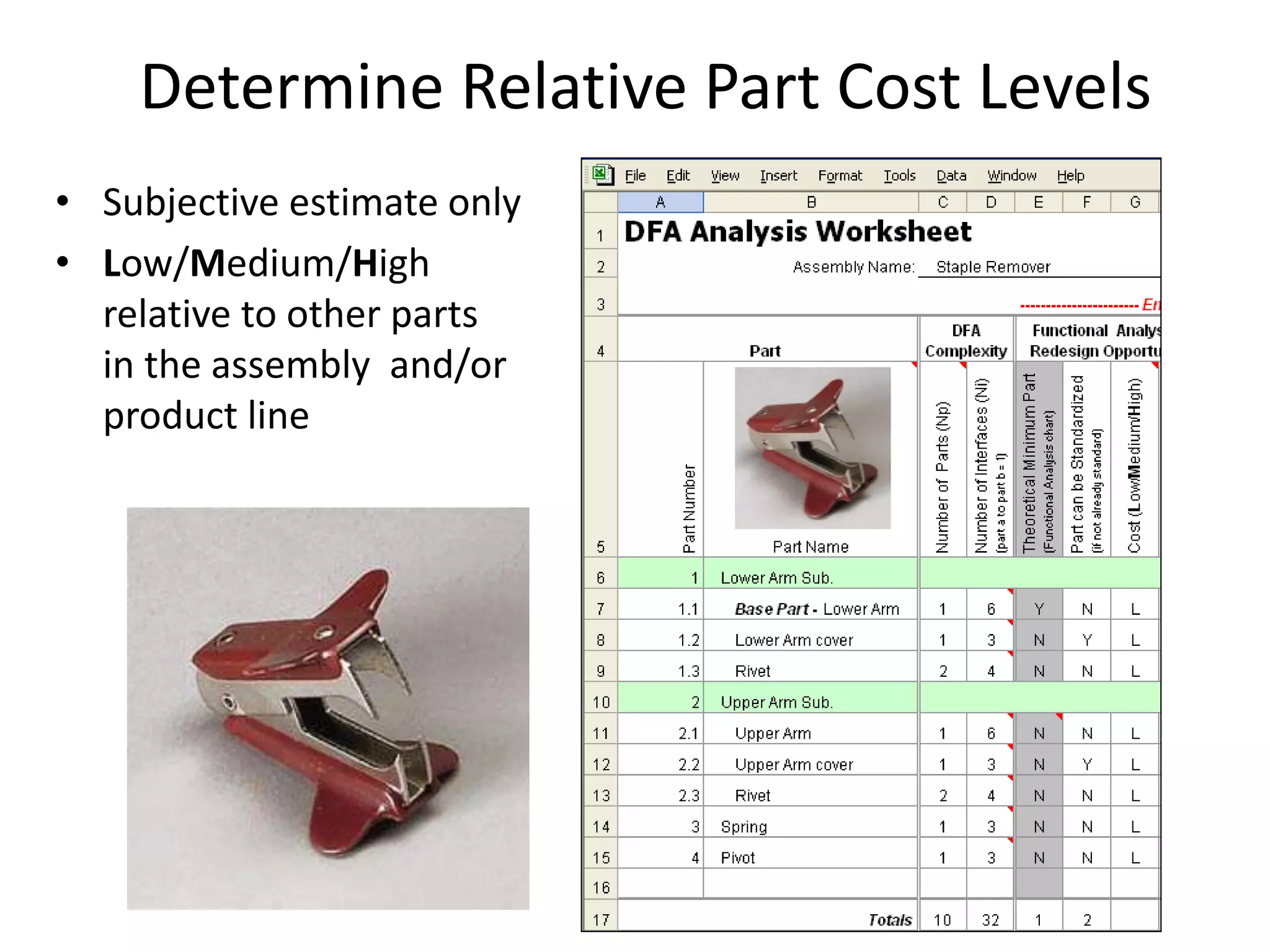 Determine Relative Part Cost Levels
• Subjective estimate only
• Low/Medium/High
relative to other parts
in the assembly and/or
product line
 