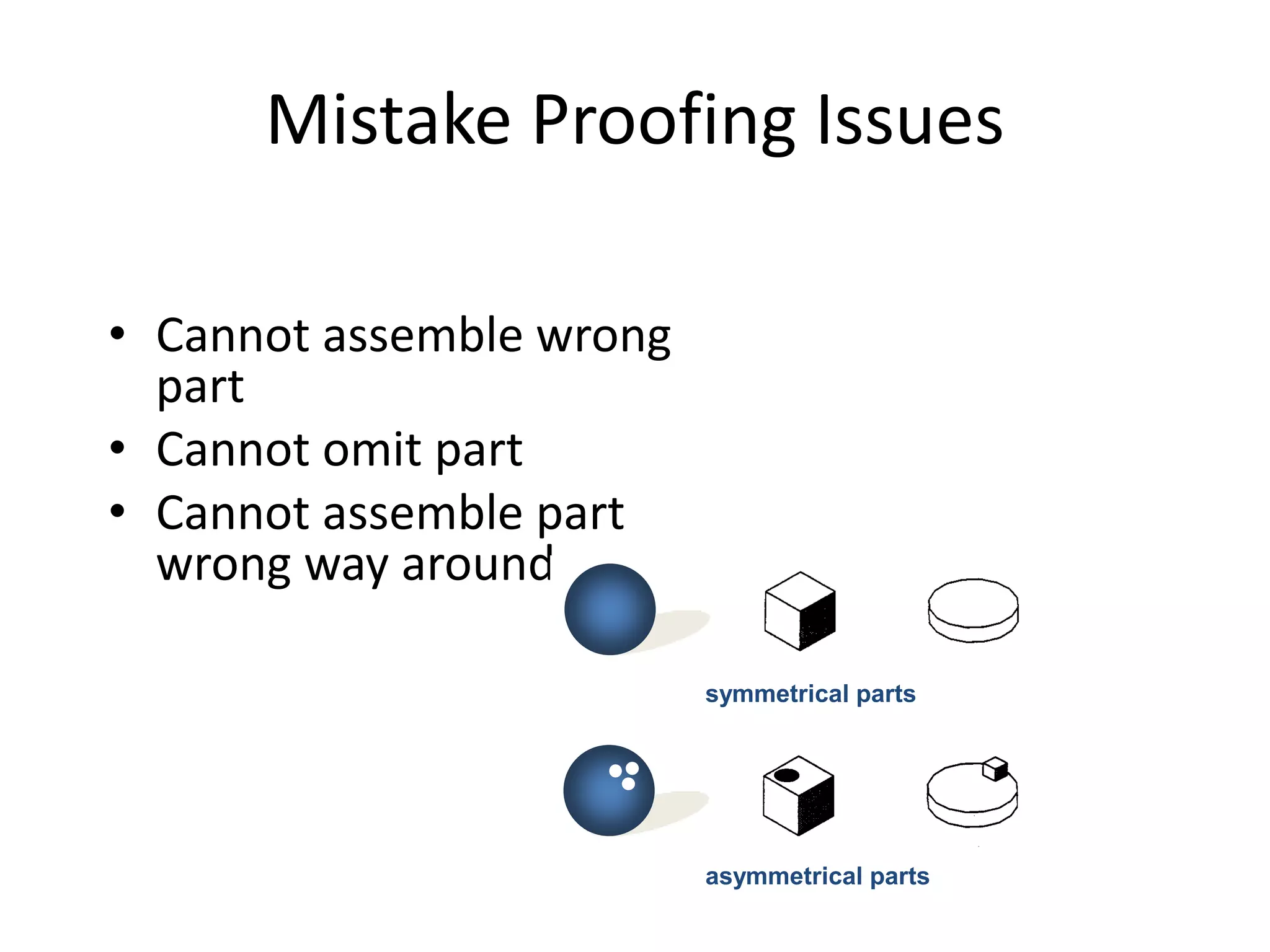 Mistake Proofing Issues
• Cannot assemble wrong
part
• Cannot omit part
• Cannot assemble part
wrong way around.
symmetrical parts
asymmetrical parts
 