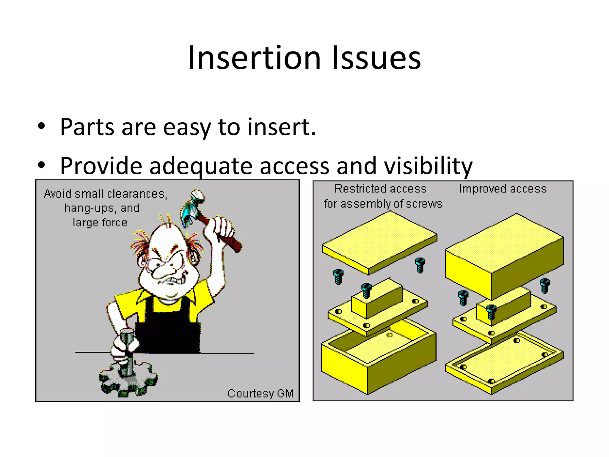 Insertion Issues
• Parts are easy to insert.
• Provide adequate access and visibility
 