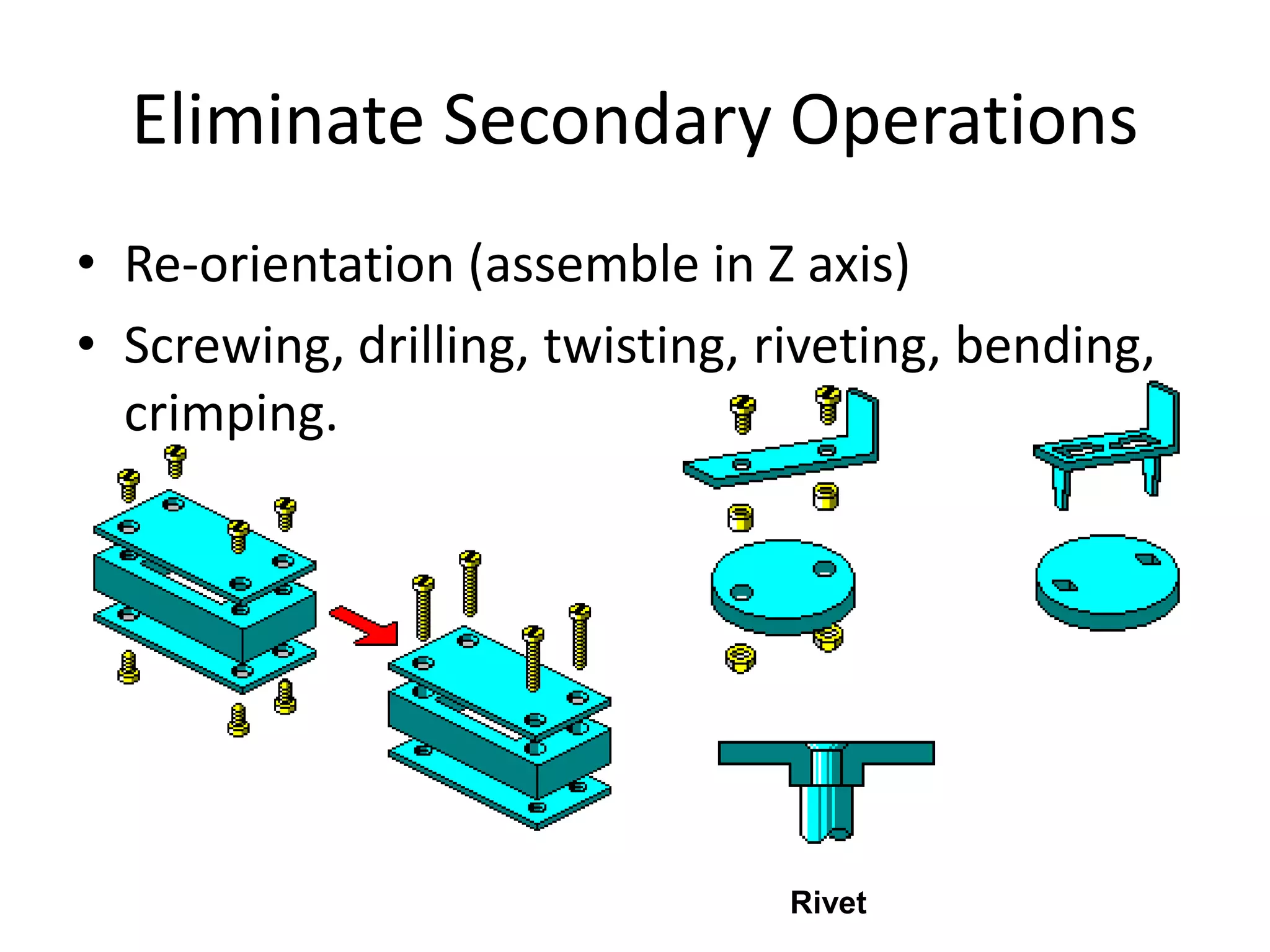 Eliminate Secondary Operations
• Re-orientation (assemble in Z axis)
• Screwing, drilling, twisting, riveting, bending,
crimping.
Rivet
 