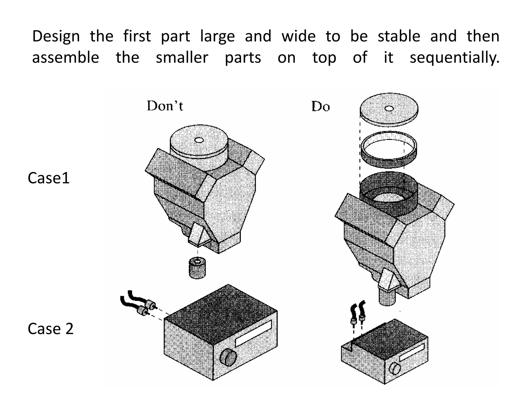 Design the first part large and wide to be stable and then
assemble the smaller parts on top of it sequentially.
Case1
Case 2
 