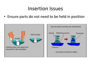 Insertion Issues
• Ensure parts do not need to be held in position
 