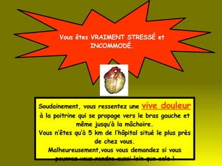 Vous êtes VRAIMENT STRESSÉ et INCOMMODÉ. Soudainement, vous ressentez une  vive douleur  à la poitrine qui se propage vers le bras gauche et même jusqu’à la mâchoire. Vous n’êtes qu’à 5 km de l’hôpital situé le plus près de chez vous. Malheureusement,vous vous demandez si vous pourrez vous rendre aussi loin que cela ! 