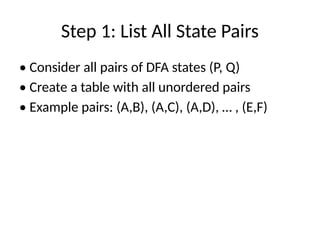 Step-by-Step Guide to Minimizing DFA Using Table Filling Method | PPTX
